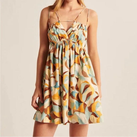Abercrombie & Fitch Abstract Printed Dress Strappy Size Medium Brown Orange Blue - Picture 2 of 16